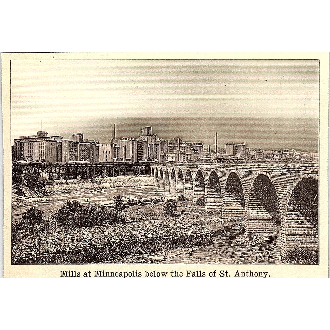 Mills at Minneapolis Below St. Anthony Falls 3x4" 1901 Engraving AF6-M12