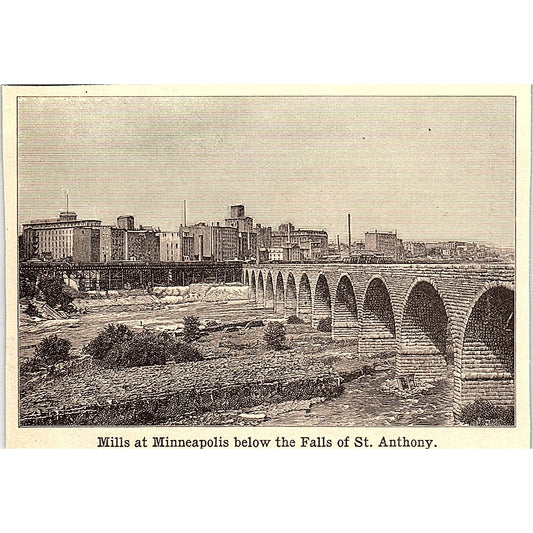 Mills at Minneapolis Below St. Anthony Falls 3x4" 1901 Engraving AF6-M12