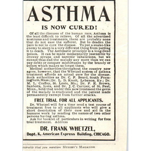 Dr. Frank Whetzel Chicago Asthma Cure c1905 Original Advertisement AE7-A3
