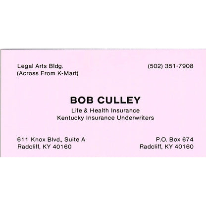 Bob Culley Life & Health Ins Radcliff KY Vintage Business Card SD9-B9