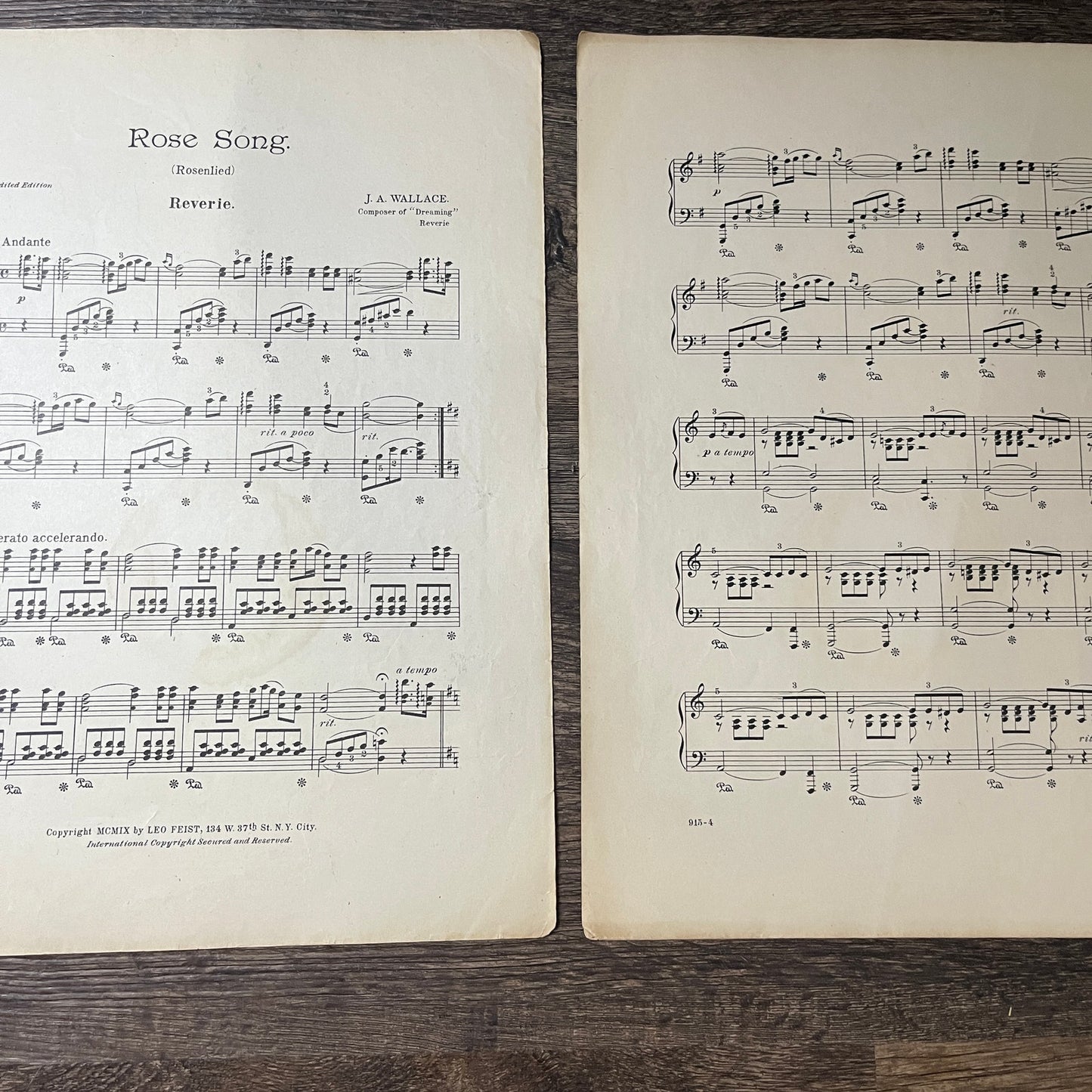 The Rose Song Rosenlied Reverie J.A. Wallace 1909 Sheet Music V13