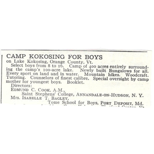 Camp Kokosing for Boys Edmund C. Cook Annandale-on-Hudson NY c1918 Ad AE5-SA11