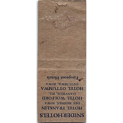 Hotel Ottumwa H.W. Snider Ottumwa Iowa Vintage Matchbook Cover SF3-Y9