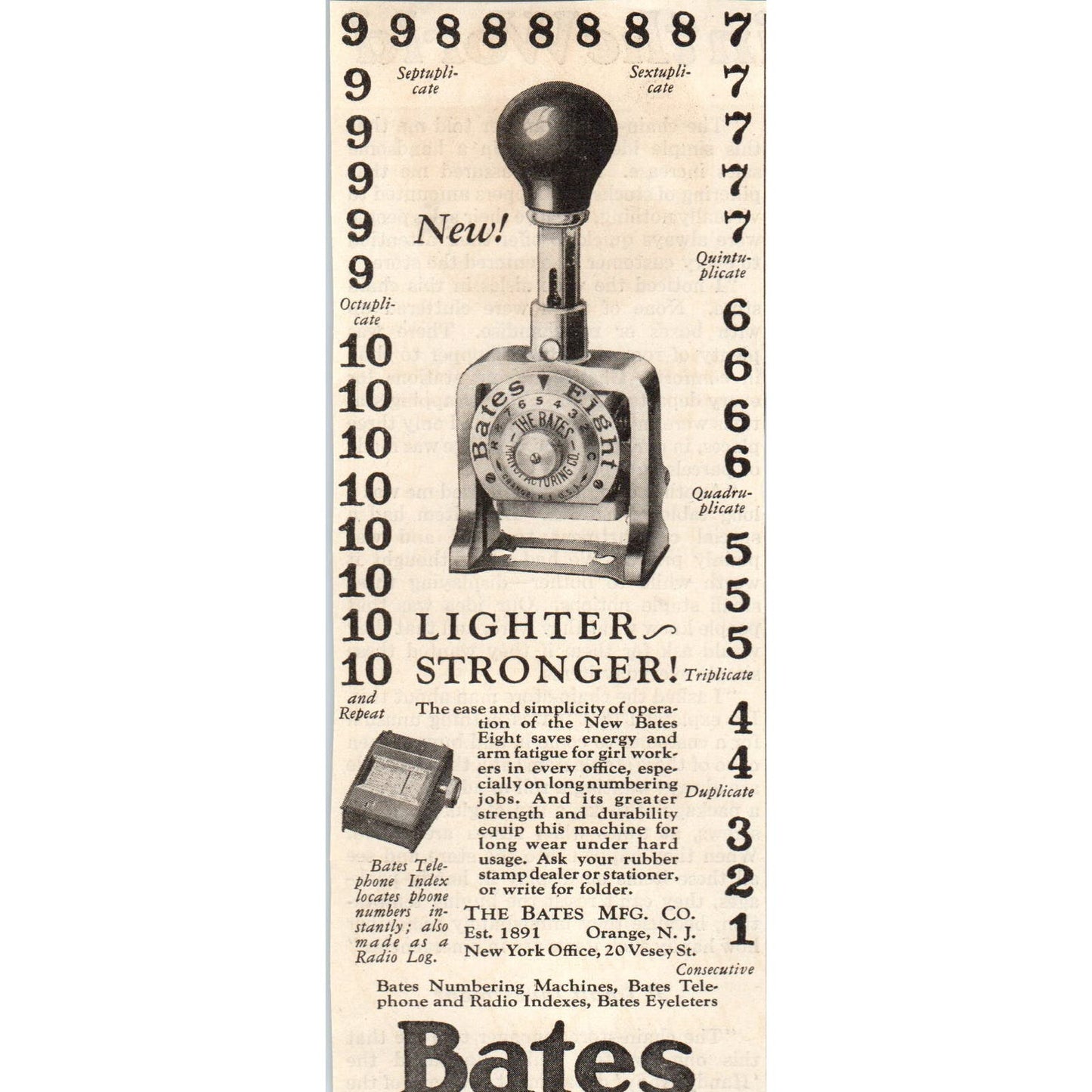 Bates Mfg Co Numbering Machines Orange NJ 1928 Original Advertisement AE5-SSE