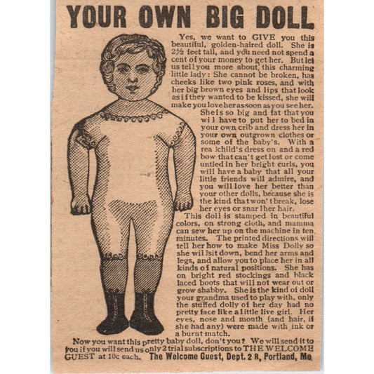 Your Own Big Doll The Welcome Guest Portland ME 1910 Magazine Ad AF1-CM2