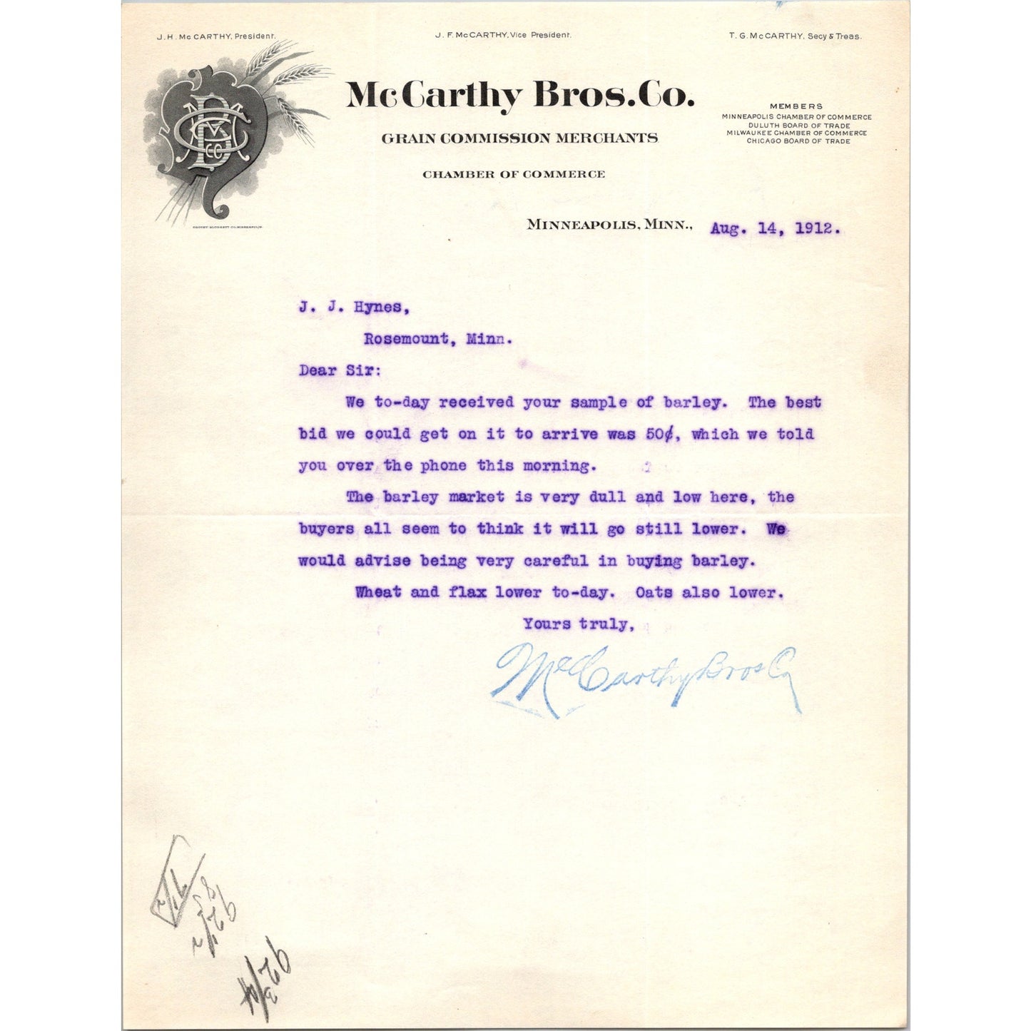 McCarthy Bros Co. Grain Commission Minneapolis MN c1912 Letterhead Billhead K24