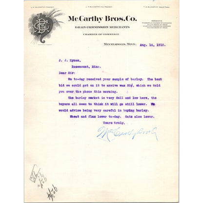 McCarthy Bros Co. Grain Commission Minneapolis MN c1912 Letterhead Billhead K24