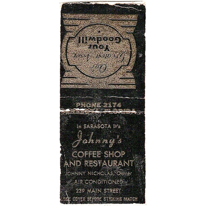 Johnny's Coffee Shop Johnny Nicolas Sarasota FL Vintage Matchbook Cover SC7-Y8