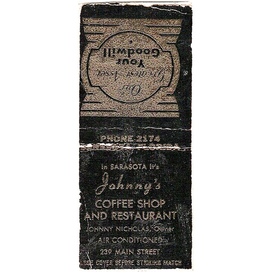 Johnny's Coffee Shop Johnny Nicolas Sarasota FL Vintage Matchbook Cover SC7-Y8