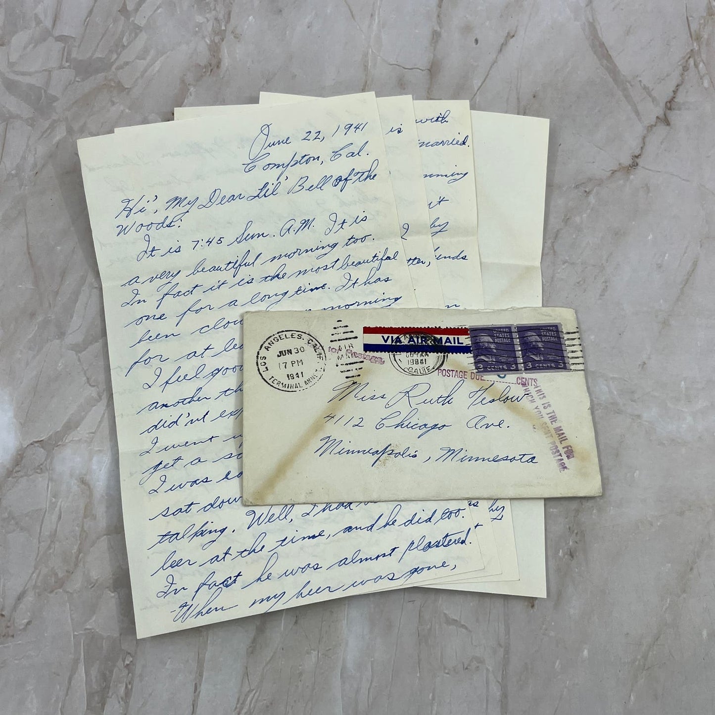 1941 Handwritten Letter From Compton CA to Minneapolis MN AE3