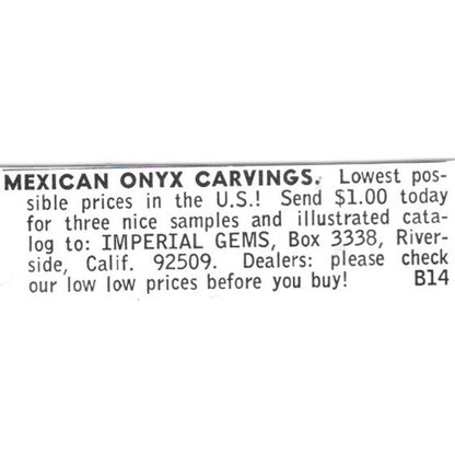Imperial Gems Mexican Onyx Carvings Riverside CA 1972 Ad AF8-S10