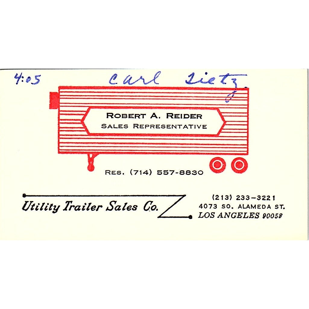 Utility Trailer Sales Robert A Reider Los Angels CA Vintage Business Card SB4-B6