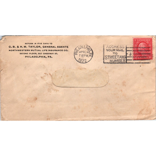 1922 C.B. & H.M Taylor General Agents Philadelphia Postal Cover Envelope TG7-PC2