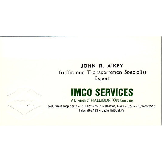 IMCO Services John R. Aikey  Houston Texas Vintage Business Card SB4-B11