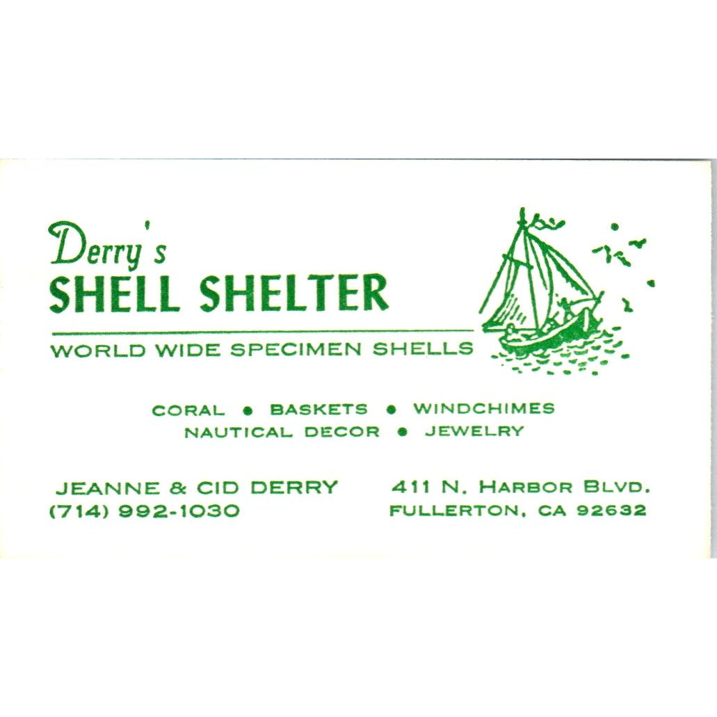 Jeanne & Cid Derry Shell Shelter Fullerton CA Vintage Business Card SD8-B6