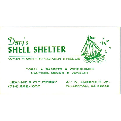 Jeanne & Cid Derry Shell Shelter Fullerton CA Vintage Business Card SD8-B6