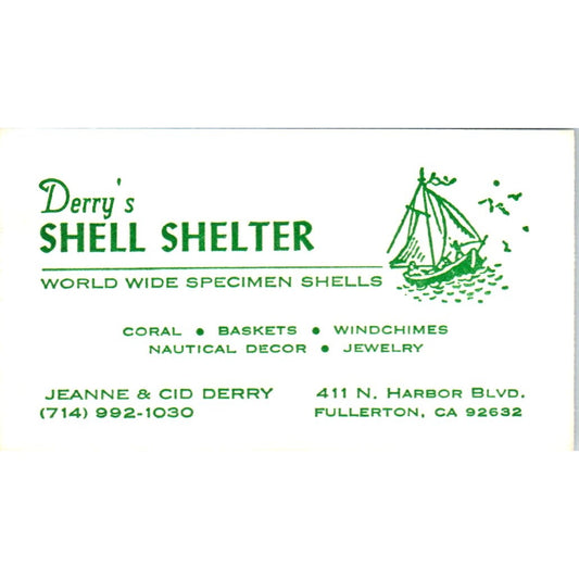 Jeanne & Cid Derry Shell Shelter Fullerton CA Vintage Business Card SD8-B6