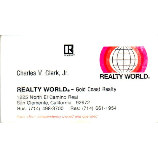 Charles V. Clark Jr Realty World San Clemente CA Vintage Business Card SD8-B2