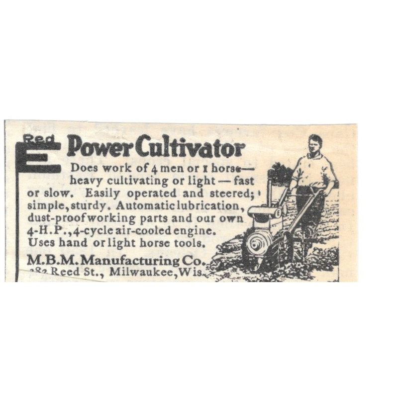 M.B.M. Mfg Co Red E Power Cultivator Milwaukee WI 1924 Ad AG3-S2