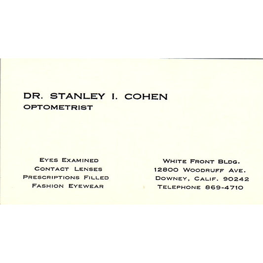 Dr. Stanley I. Cohen Optometrist Downey CA Vintage Business Card SB4-B5