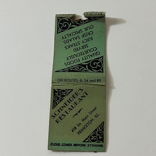 Schneiders Restaurant Princeton IL Vintage Matchbook MB60-1