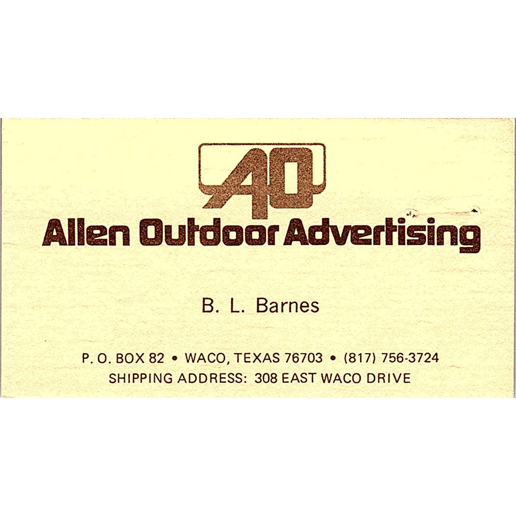 AO Allen Outdoor Advertising B.L. Barnes Waco TX Vintage Business Card SE3-B16