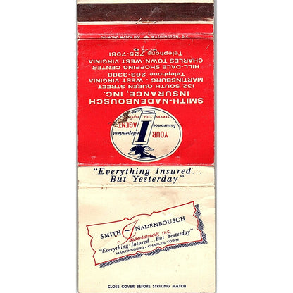 Smith-Nadenbousch Ins Martinsburg West Virginia Vintage Matchbook TB6-MB2-12