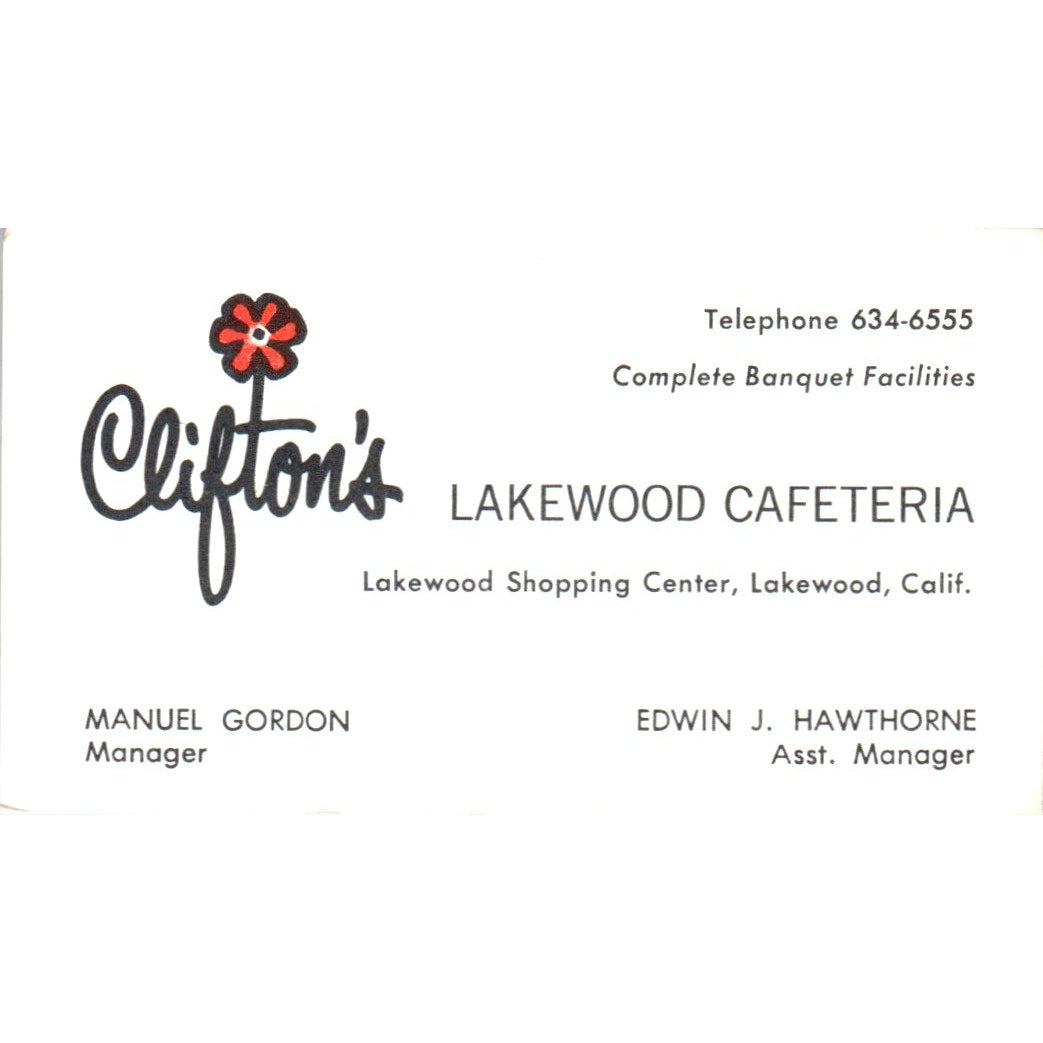 Clifton's Lakewood Cafeteria Manuel Gordon Edwin Hawthorne Business Card SD8-B7