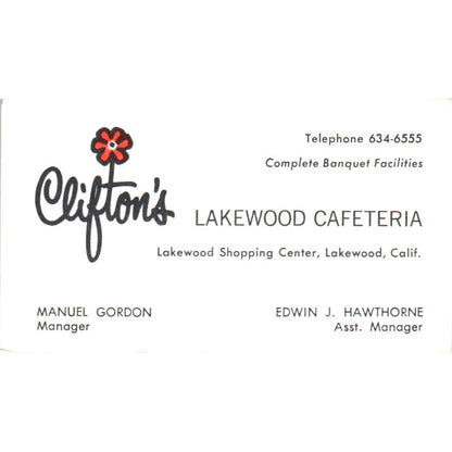 Clifton's Lakewood Cafeteria Manuel Gordon Edwin Hawthorne Business Card SD8-B7