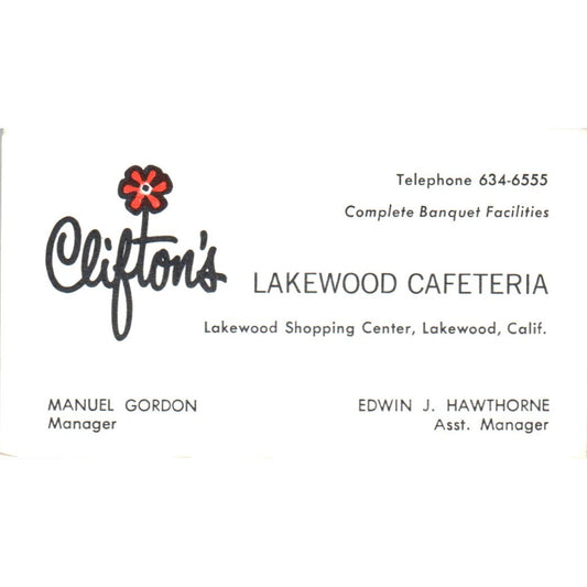 Clifton's Lakewood Cafeteria Manuel Gordon Edwin Hawthorne Business Card SD8-B7
