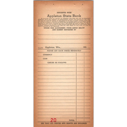 1950s Appleton State Bank Wisconsin Blank Deposit Slip AF1