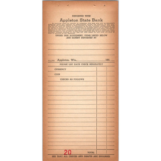 1950s Appleton State Bank Wisconsin Blank Deposit Slip AF1