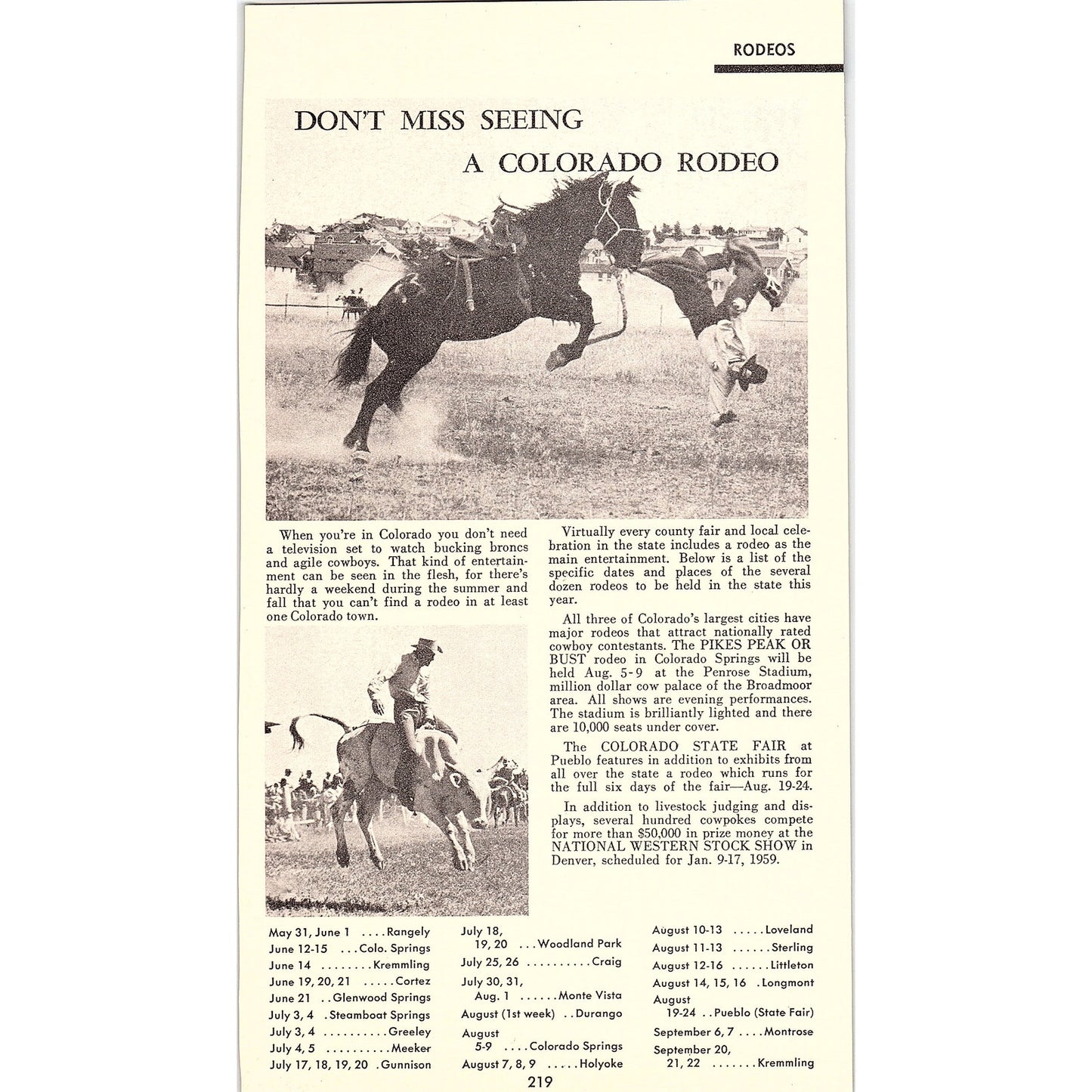 1958 Colorado Rodeo Summer Schedule 1958 Ad AG1-8
