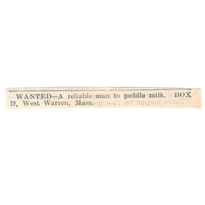 Milk Peddler Wanted West Warren MA 1905 Magazine Ad AF1-NES1