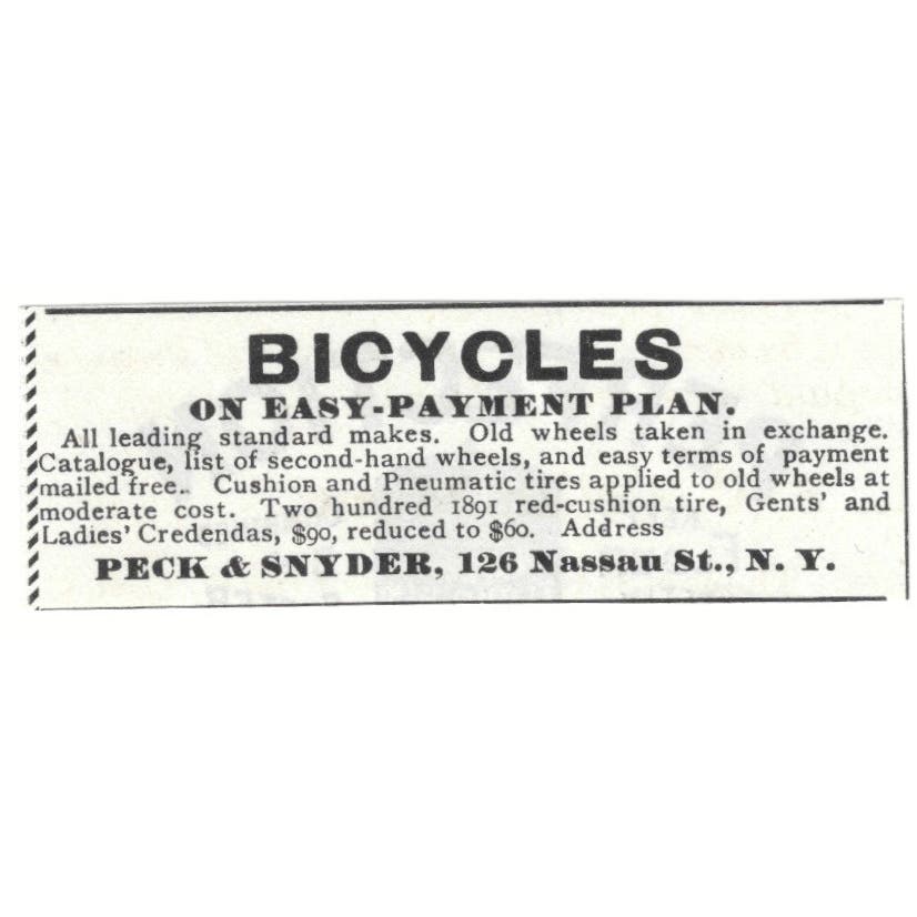 Peck & Snyder Bicycles Nassau St. New York c1890 Victorian Ad AE9-CH4