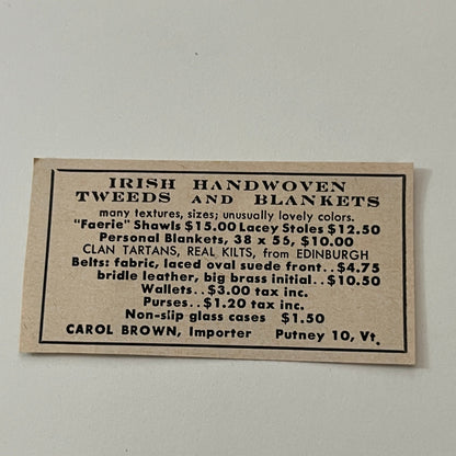Carol Brown, Importer Irish Tweeds Putney VT 1952 Yankee Magazine Ad SAG5-S3