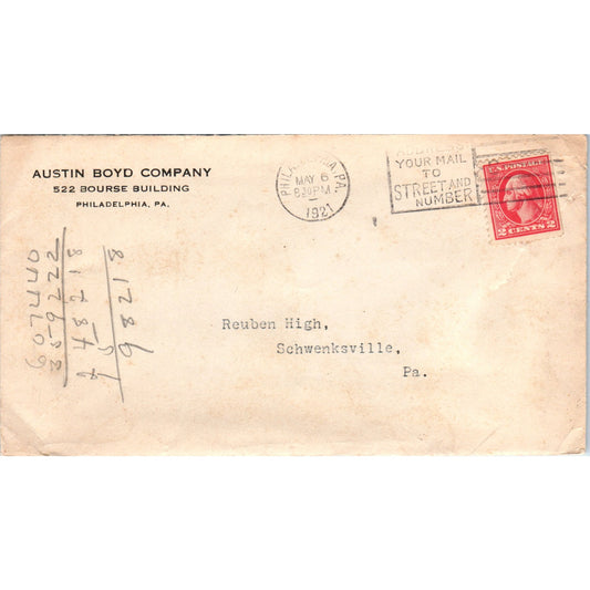 1921 Austin Boyd Co Philadelphia to Schwenksville Postal Cover Envelope TG7-PC3