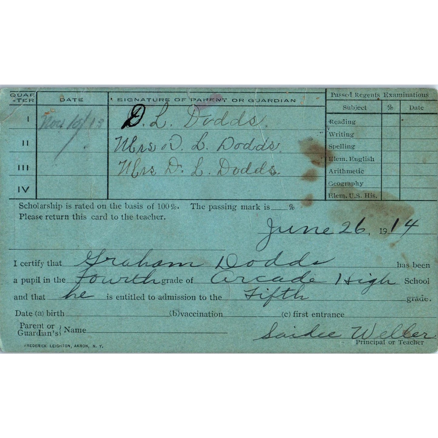 1913-14 Buffalo NY Arcade High School Report Card Graham Dodds AE6