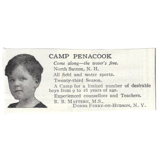 Camp Penacook North Sutton NH R.B. Mattern c1918 Original Advertisement AE5-SA4