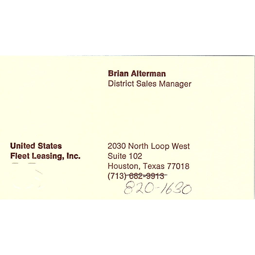 Brian Alterman United State Fleet Leasing Houston Vintage Business Card SC9-B13