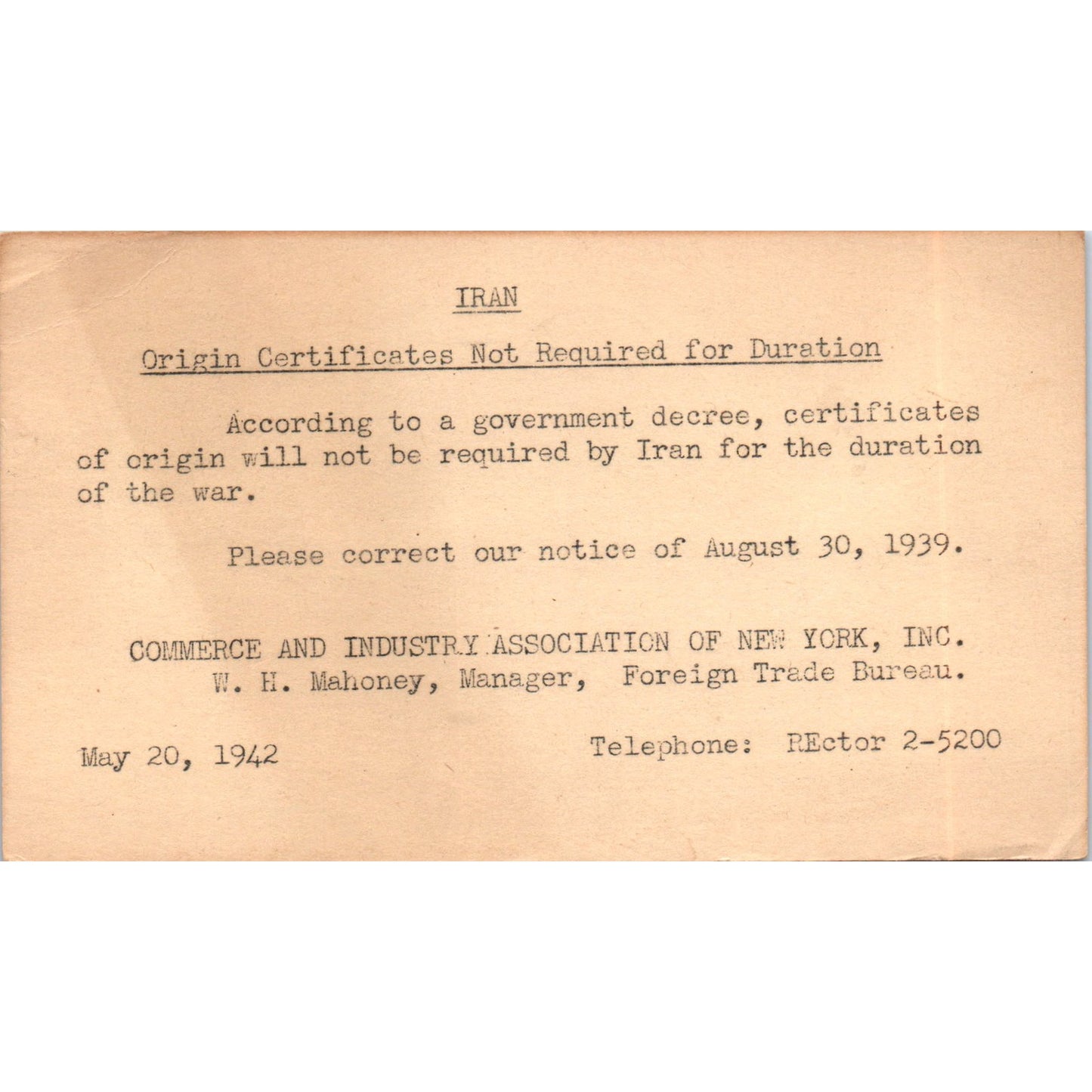 1939 Commerce & Industry Association of New York Origin Postal Mailing Card PE7