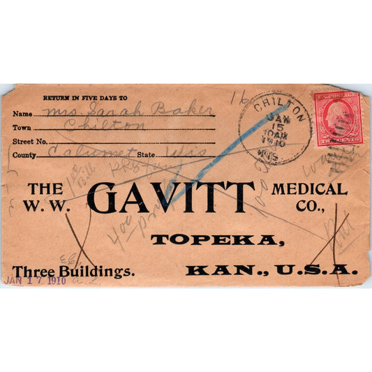 1910 WW. Gavitt Medical Co Topeka KS to Chilton Postal Cover Envelope TG7-PC1