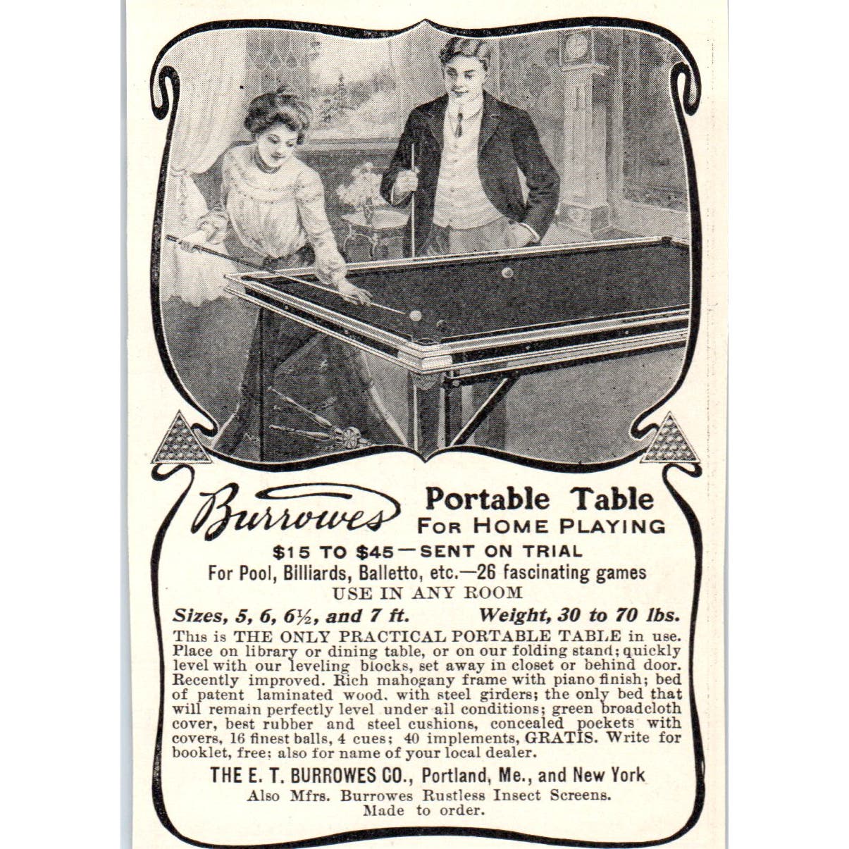 E.T. Burrowes Co. Home Pool Table Portland ME c1905 Victorian Ad AE9-MA5
