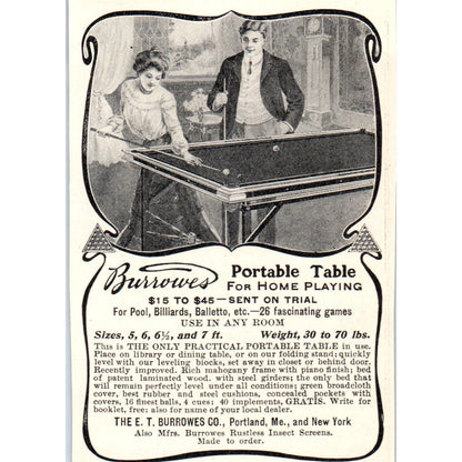 E.T. Burrowes Co. Home Pool Table Portland ME c1905 Victorian Ad AE9-MA5