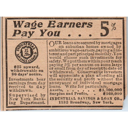 Industrial Savings and Loan Co Broadway New York 1905 Magazine Ad AF1-NH3