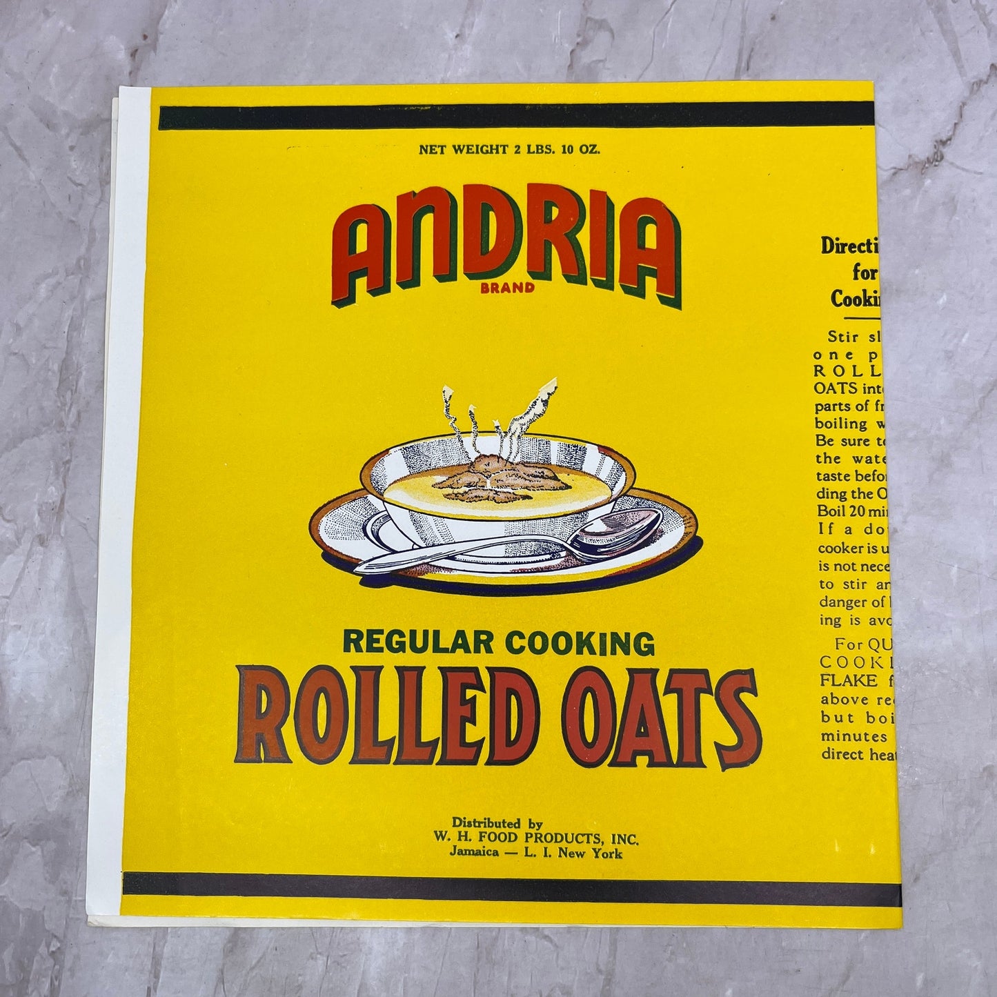 Andria Regular Rolled Oats Label W.H. Food Products Jamaica Long Island NY A19