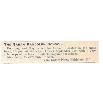 The Sarah Randolph School for Girls A.L. Armstrong Baltimore MD 1892 Ad AK6-S6