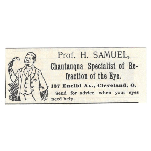 Prof. H. Samuel Chautauqua Eye Refraction Specialist c1890 Victorian Ad AE9-CH2