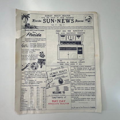 Vintage Florida Sun News Newsletter Mobley Realty Realtor Ray Day J17