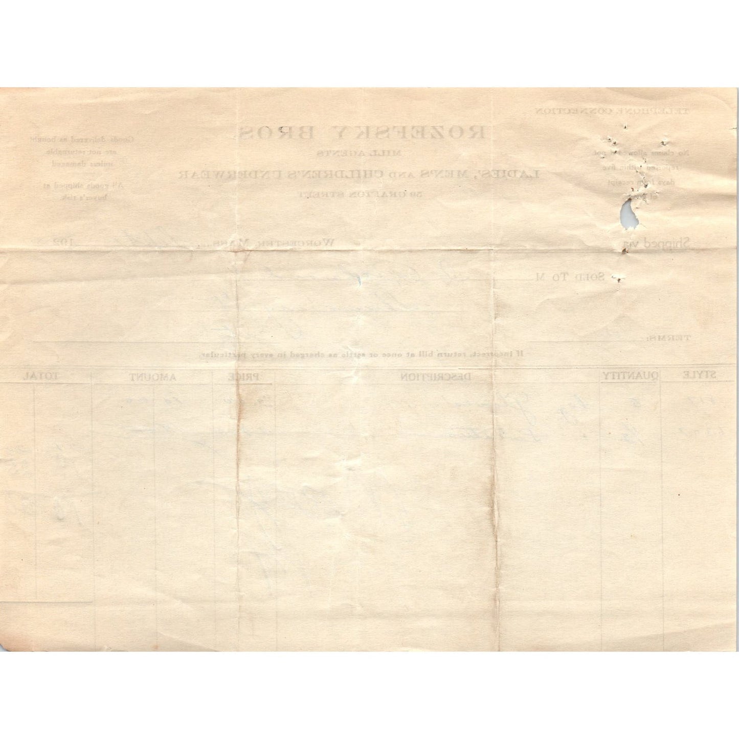 Rozefsky Bros Clothing Worcester 1923 Original Billhead Letterhead Receipt D8-LL